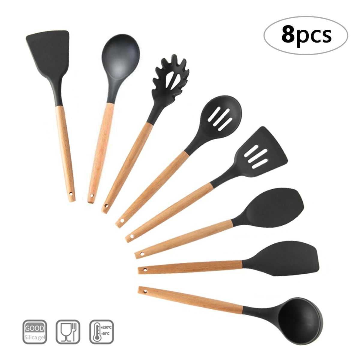 8 PCS Kitchen Utensils Set Wood Handle Silicone Cooking