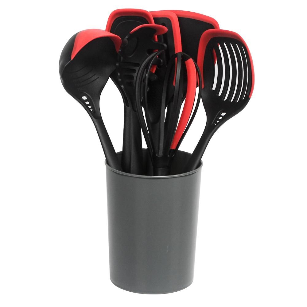 8Pcs Silicone Kitchen Utensils Set Kitchen Cooking Utensils Set with Cutlery Storage Bucket Silicone Utensils Set Heat Resistant BPA Free Non Toxic Gray / Red