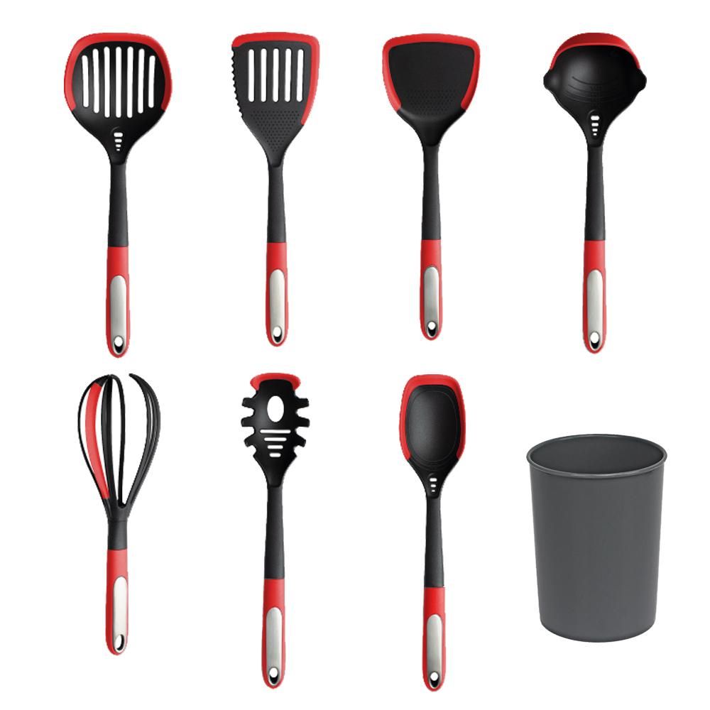 8Pcs Silicone Kitchen Utensils Set Kitchen Cooking Utensils Set with Cutlery Storage Bucket Silicone Utensils Set Heat Resistant BPA Free Non Toxic Gray / Red
