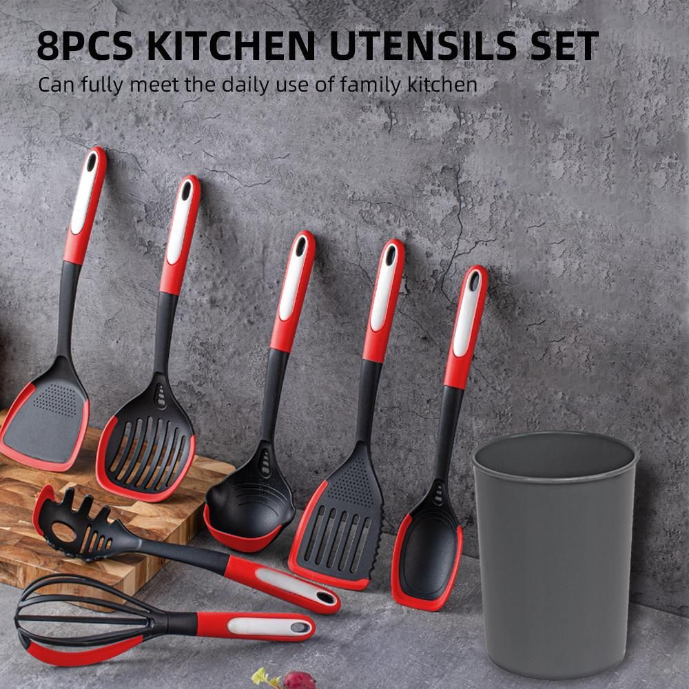 8Pcs Silicone Kitchen Utensils Set Kitchen Cooking Utensils Set with Cutlery Storage Bucket Silicone Utensils Set Heat Resistant BPA Free Non Toxic Gray / Red