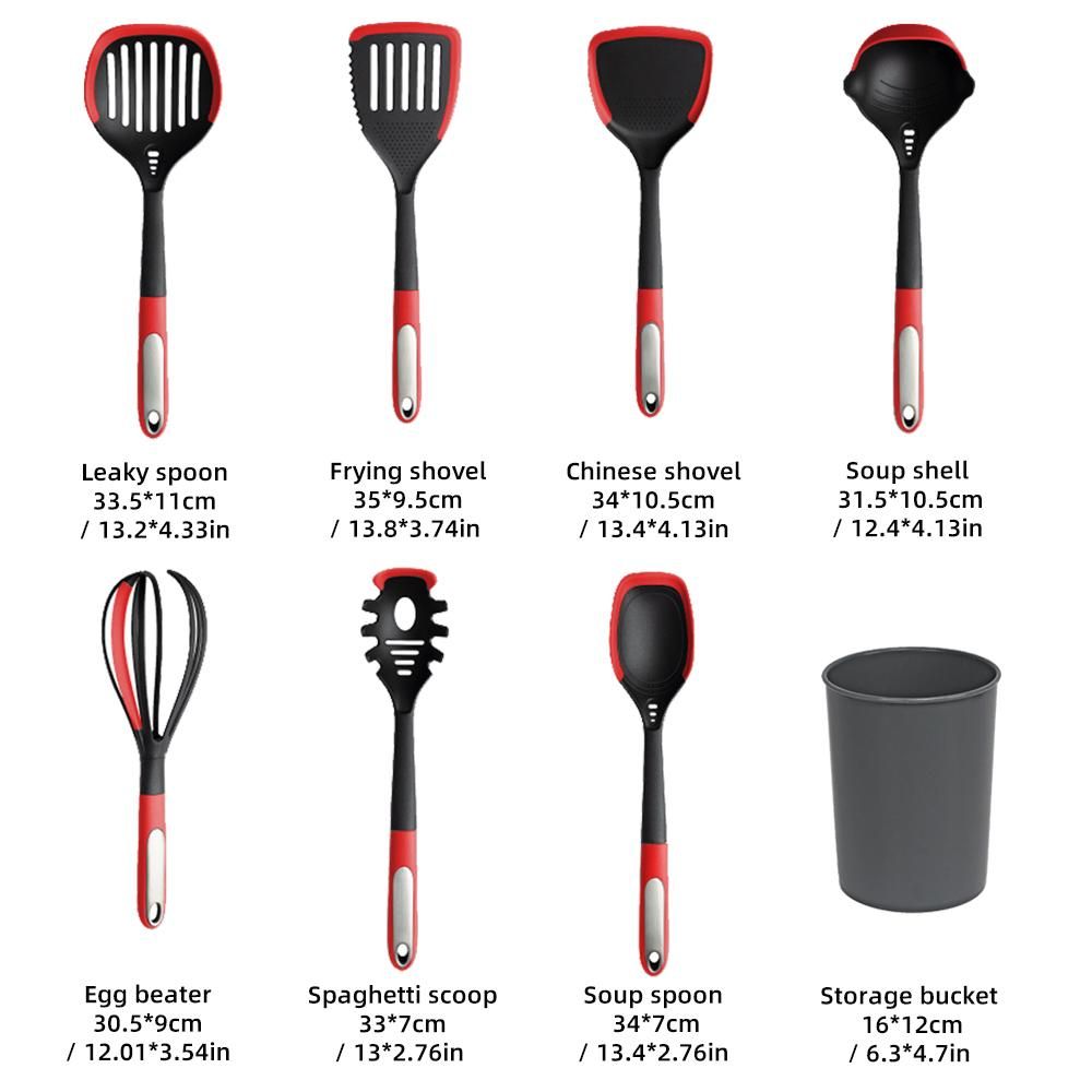 8Pcs Silicone Kitchen Utensils Set Kitchen Cooking Utensils Set with Cutlery Storage Bucket Silicone Utensils Set Heat Resistant BPA Free Non Toxic Gray / Red