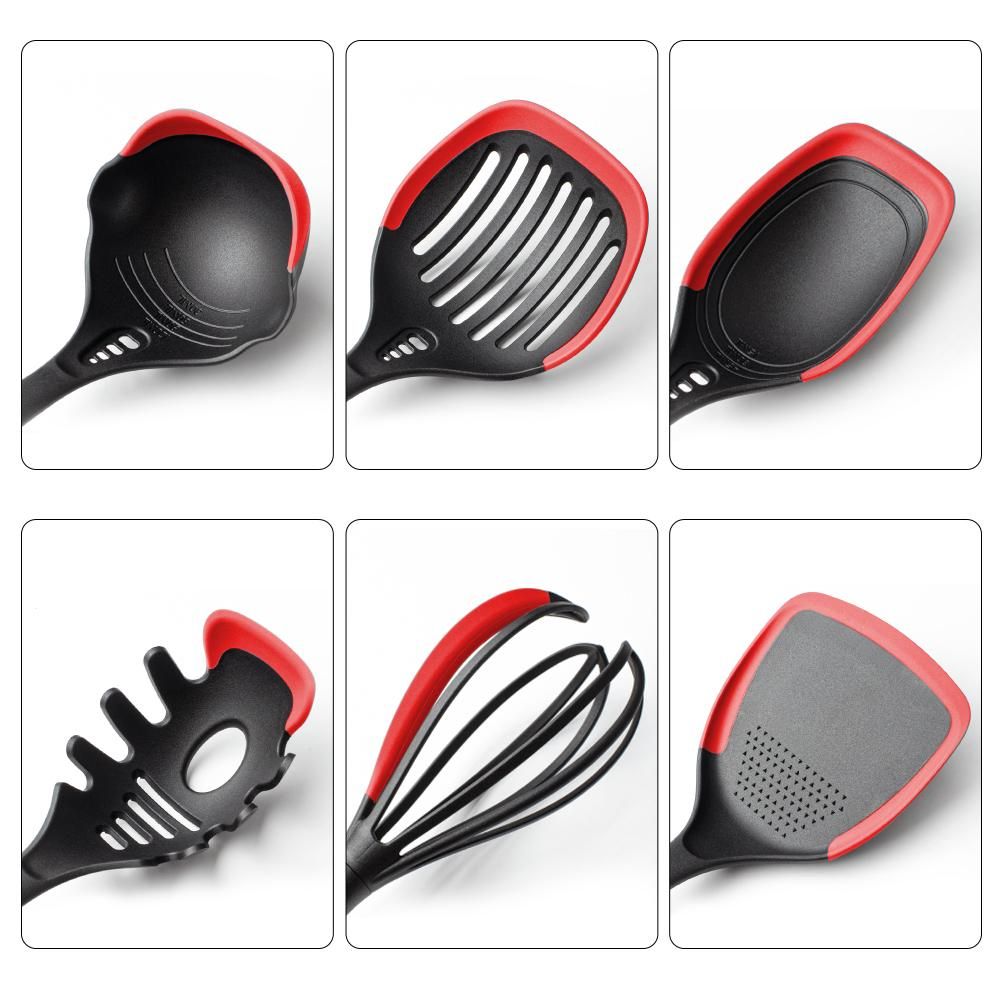 8Pcs Silicone Kitchen Utensils Set Kitchen Cooking Utensils Set with Cutlery Storage Bucket Silicone Utensils Set Heat Resistant BPA Free Non Toxic Gray / Red