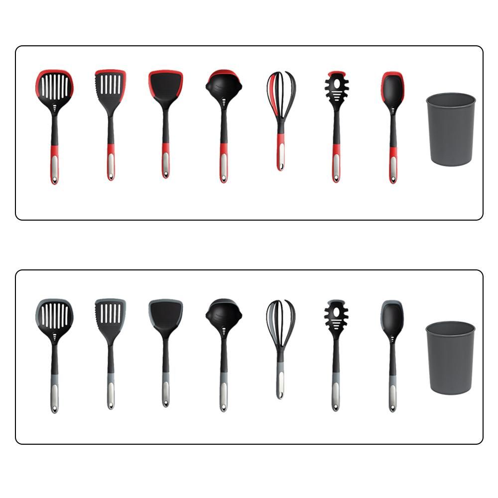 8Pcs Silicone Kitchen Utensils Set Kitchen Cooking Utensils Set with Cutlery Storage Bucket Silicone Utensils Set Heat Resistant BPA Free Non Toxic Gray / Red