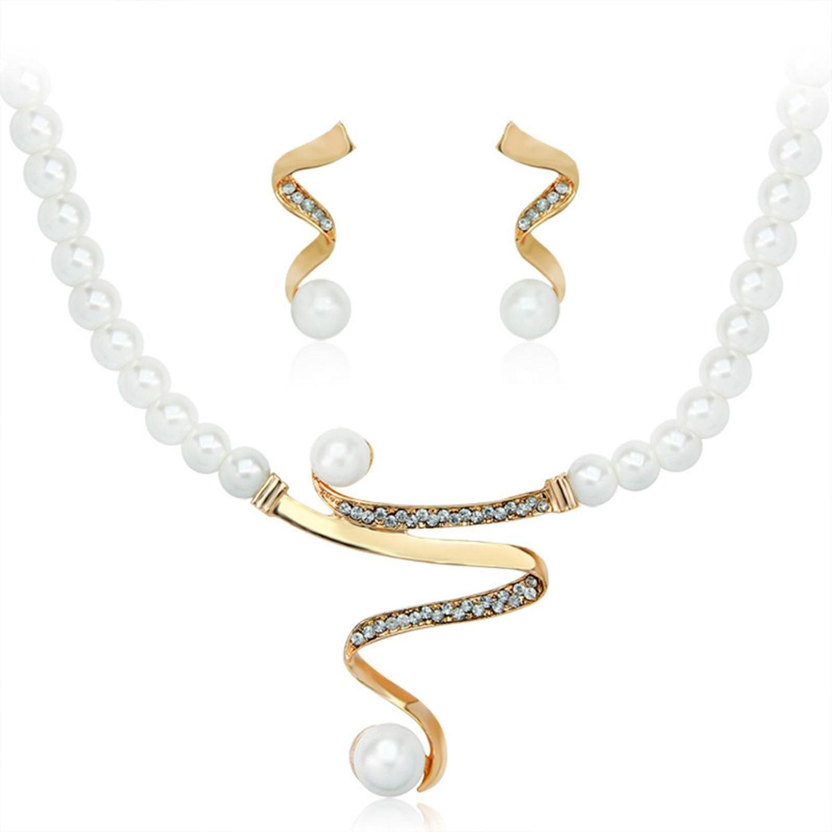 Fashionable Zinc Alloy Crystal Simulated Pearl Pendant Necklace with 1 Pair of Earrings Charm Jewelry Set for Women Girls Wedding Party Gift