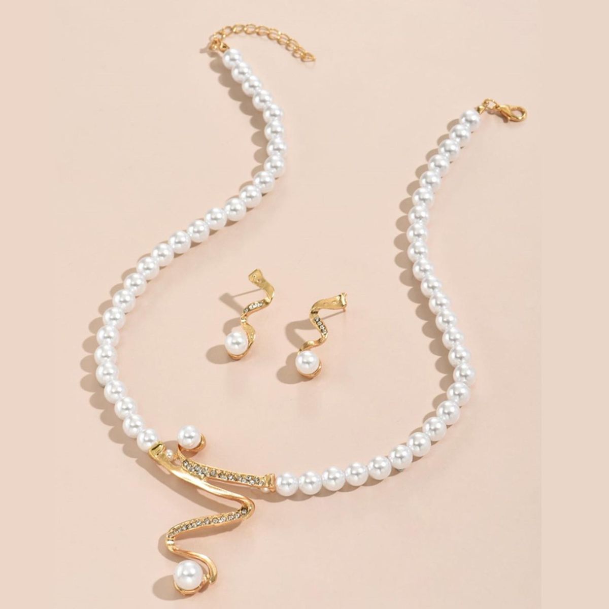 Fashionable Zinc Alloy Crystal Simulated Pearl Pendant Necklace with 1 Pair of Earrings Charm Jewelry Set for Women Girls Wedding Party Gift
