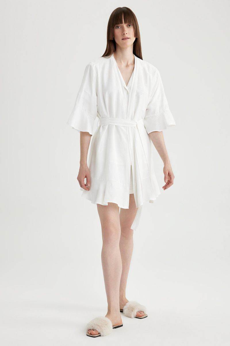 Woman Casual Regular Fit 3/4 Sleeve Homewear Robe - White