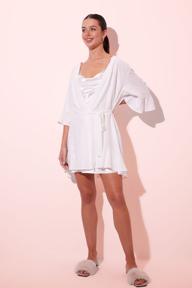 Woman Casual Regular Fit 3/4 Sleeve Homewear Robe - White
