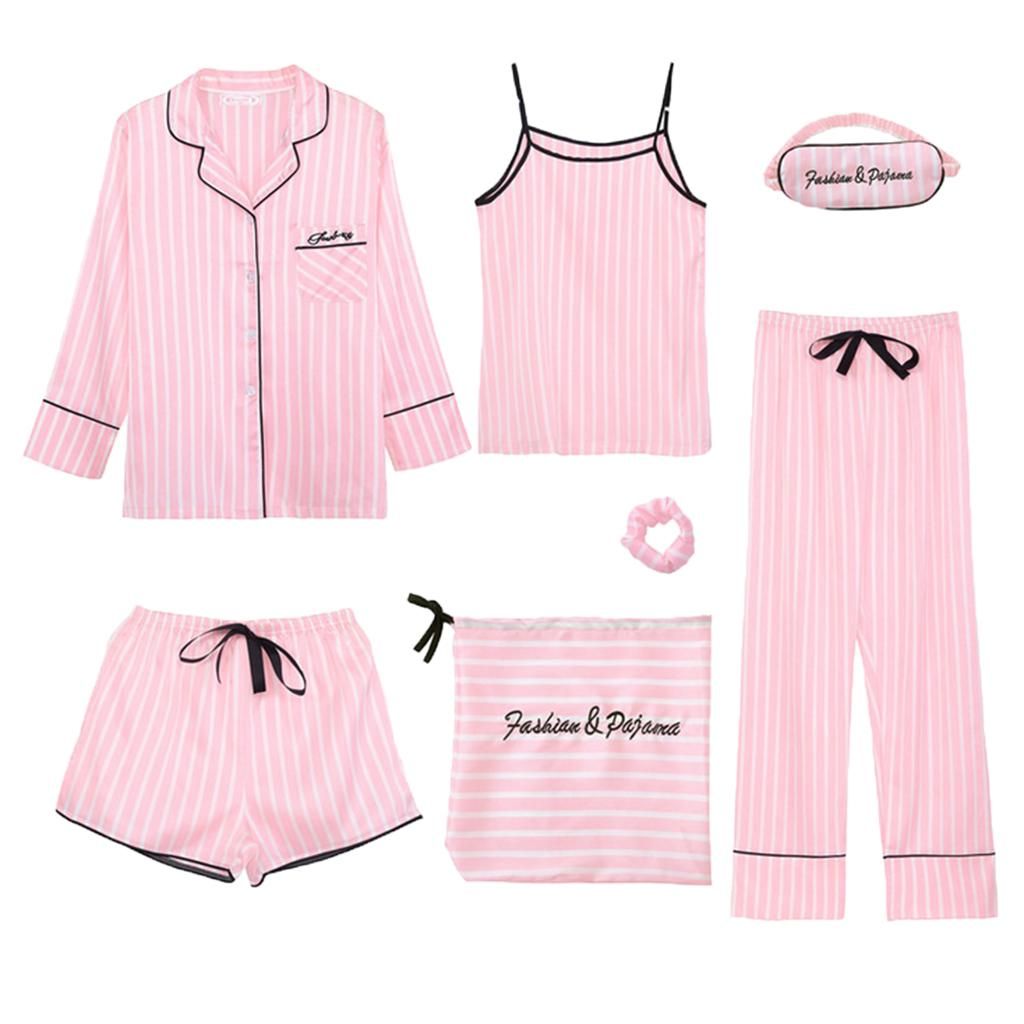 7Pcs Pajamas Set Shirt Pants Top Shorts Eye Striped XL