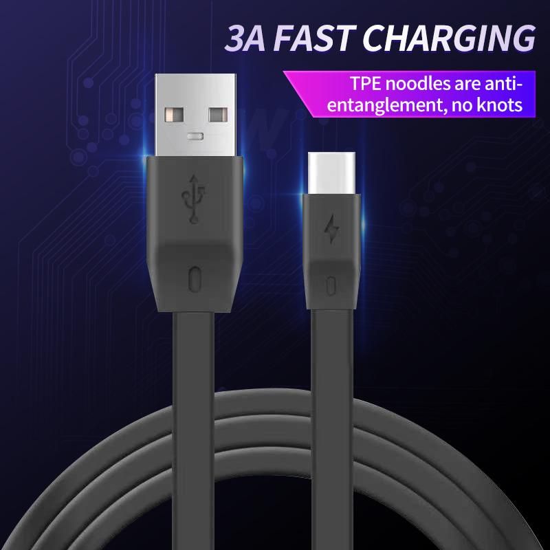 2pcs 1 M Black TPE Noodle like USB Cable 3A Fast Charging, Suitable for Android Typec Mobile Phone