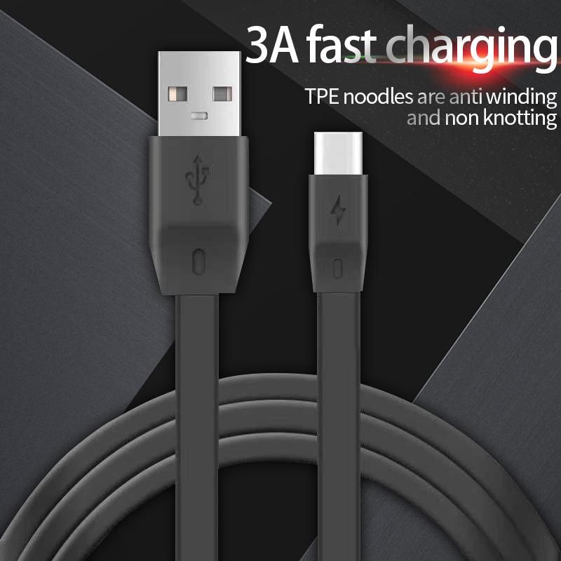 2pcs 1 M Black TPE Noodle like USB Cable 3A Fast Charging, Suitable for Android Typec Mobile Phone