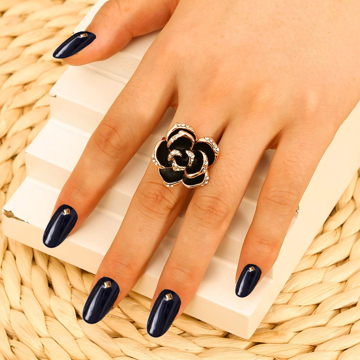 Black Rose Ring Women Alloy Open Adjustable Zircon Rings For Girls