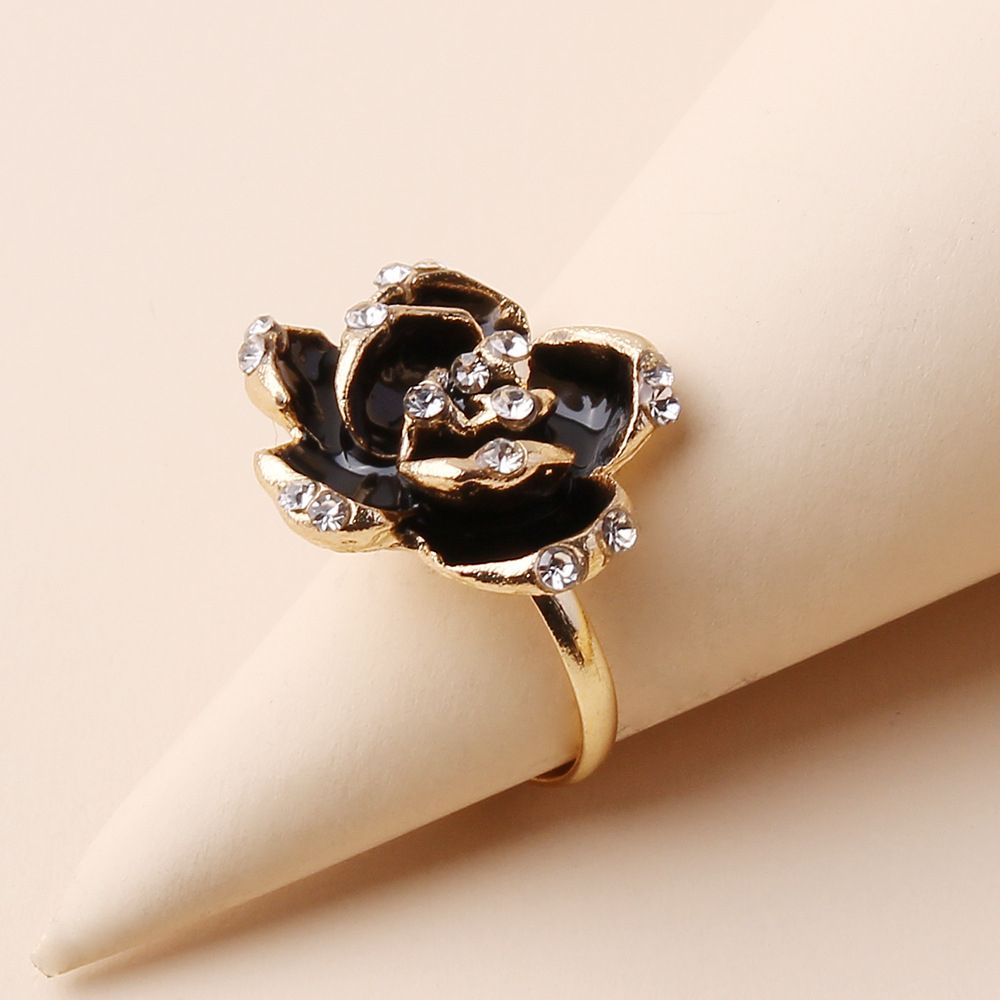 Black Rose Ring Women Alloy Open Adjustable Zircon Rings For Girls