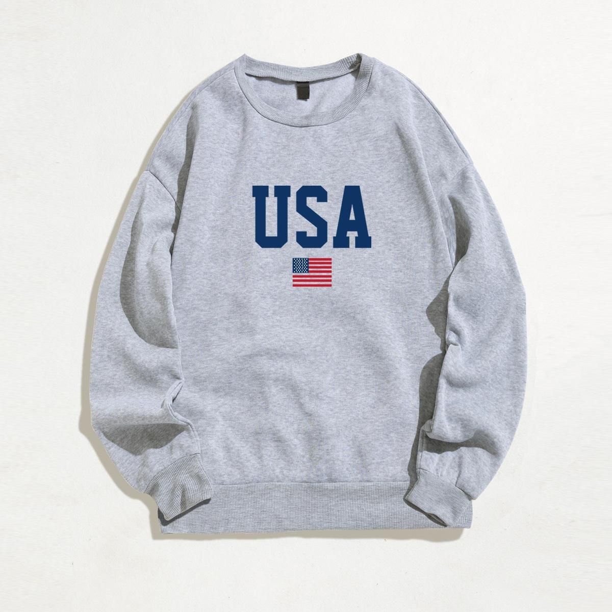 Fashionable and energetic sweater USA American flag pattern printed round neck long sleeved sweater
