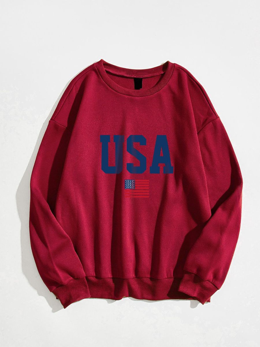 Fashionable and energetic sweater USA American flag pattern printed round neck long sleeved sweater