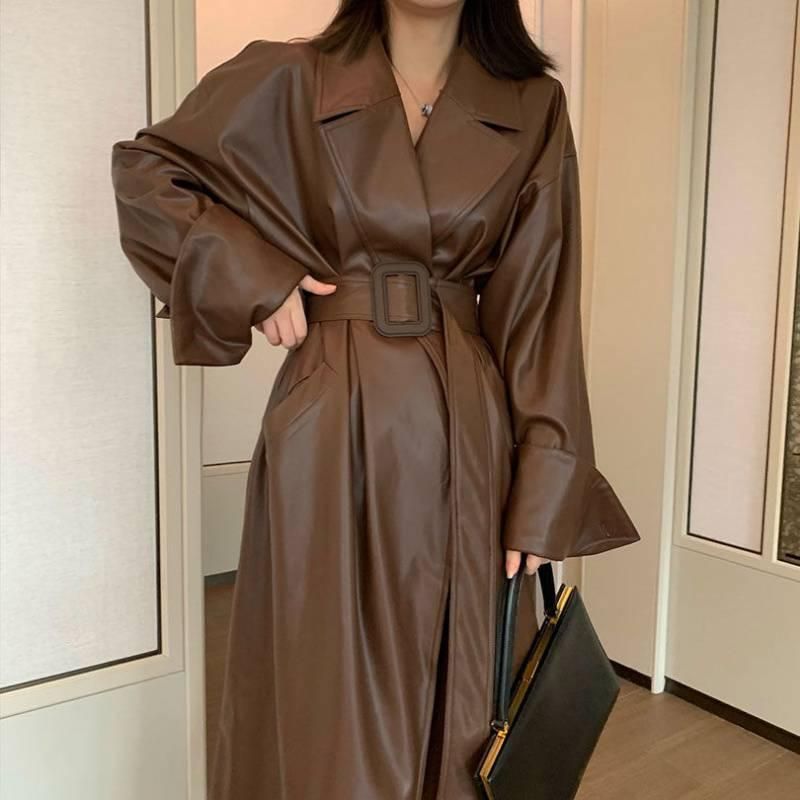 Lge lapel waist tied jacket for women's autumn/winter 2022 leather jacket, medium length suit