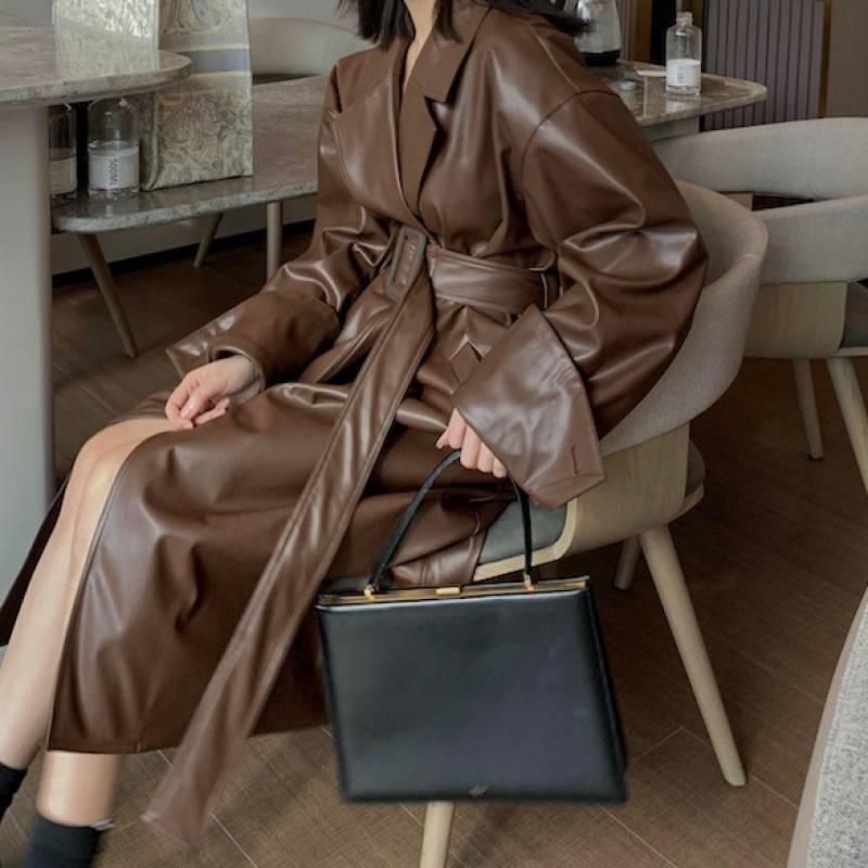 Lge lapel waist tied jacket for women's autumn/winter 2022 leather jacket, medium length suit