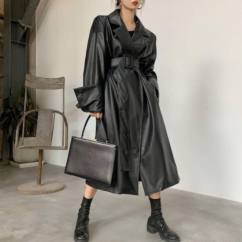 Lge lapel waist tied jacket for women's autumn/winter 2022 leather jacket, medium length suit