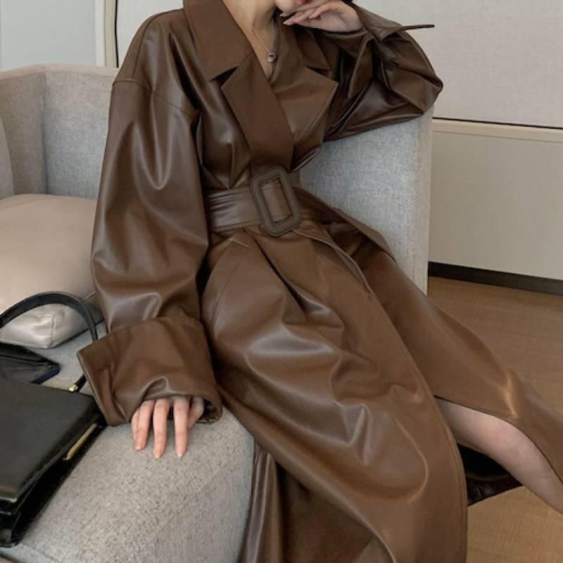 Lge lapel waist tied jacket for women's autumn/winter 2022 leather jacket, medium length suit