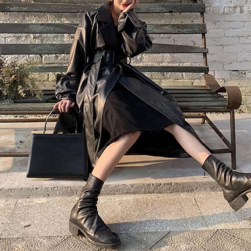 Lge lapel waist tied jacket for women's autumn/winter 2022 leather jacket, medium length suit