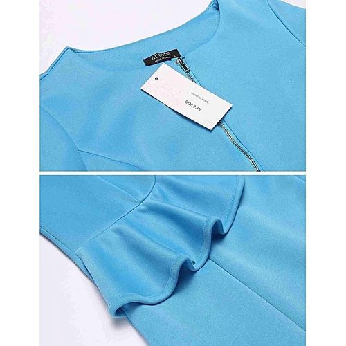 Women Fashion O-Neck Long Sleeve Solid Zipper Ruffle Bodycon Slim Pencil Dress ( Light Blue )