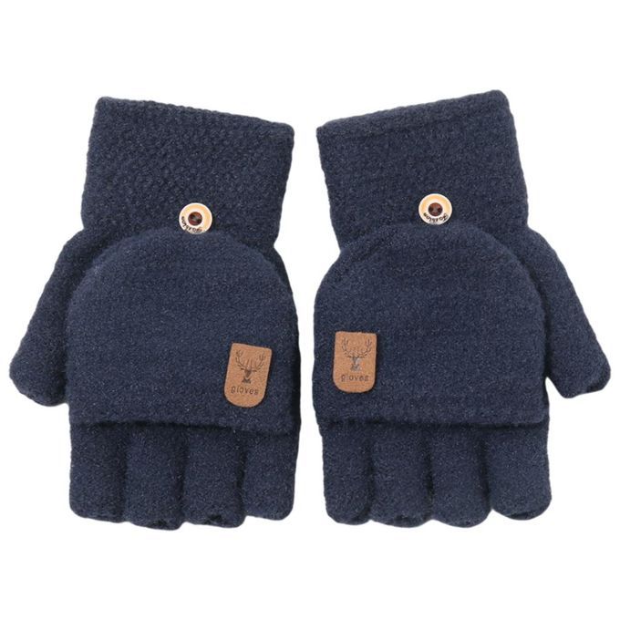 Winter Mittens Women Girl Knitting Flip Thick Warm Fingerless Blue