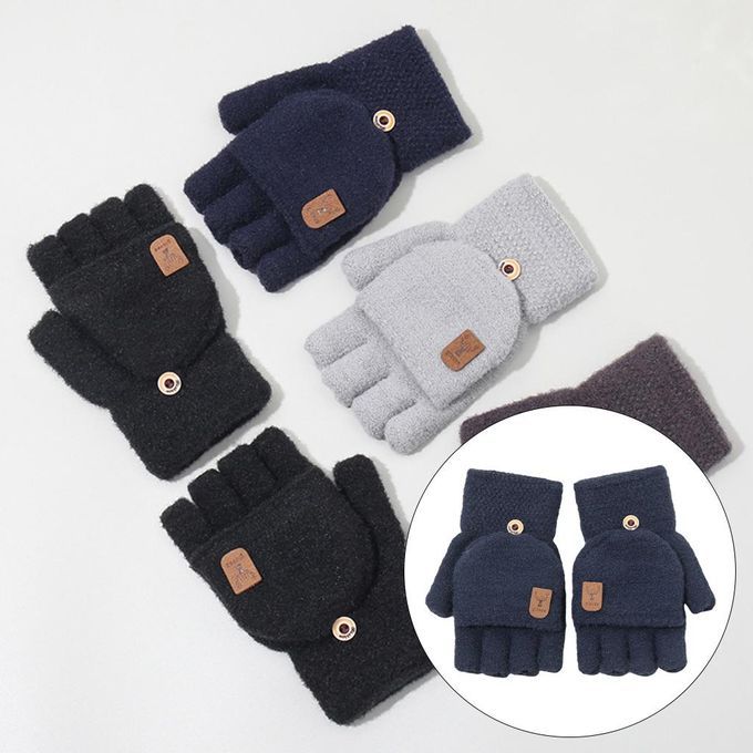 Winter Mittens Women Girl Knitting Flip Thick Warm Fingerless Blue