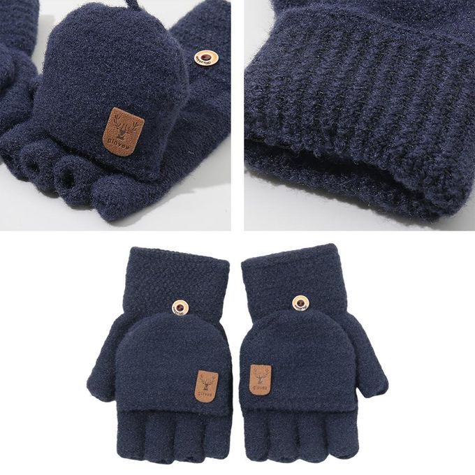 Winter Mittens Women Girl Knitting Flip Thick Warm Fingerless Blue