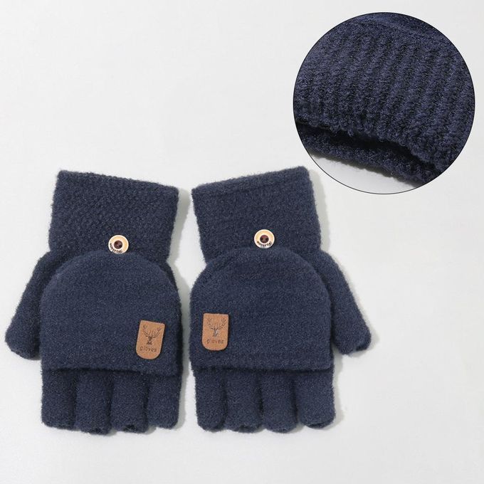 Winter Mittens Women Girl Knitting Flip Thick Warm Fingerless Blue