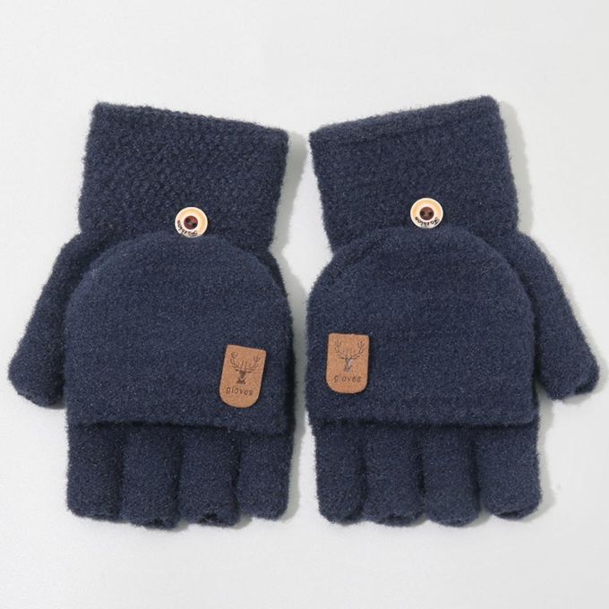Winter Mittens Women Girl Knitting Flip Thick Warm Fingerless Blue