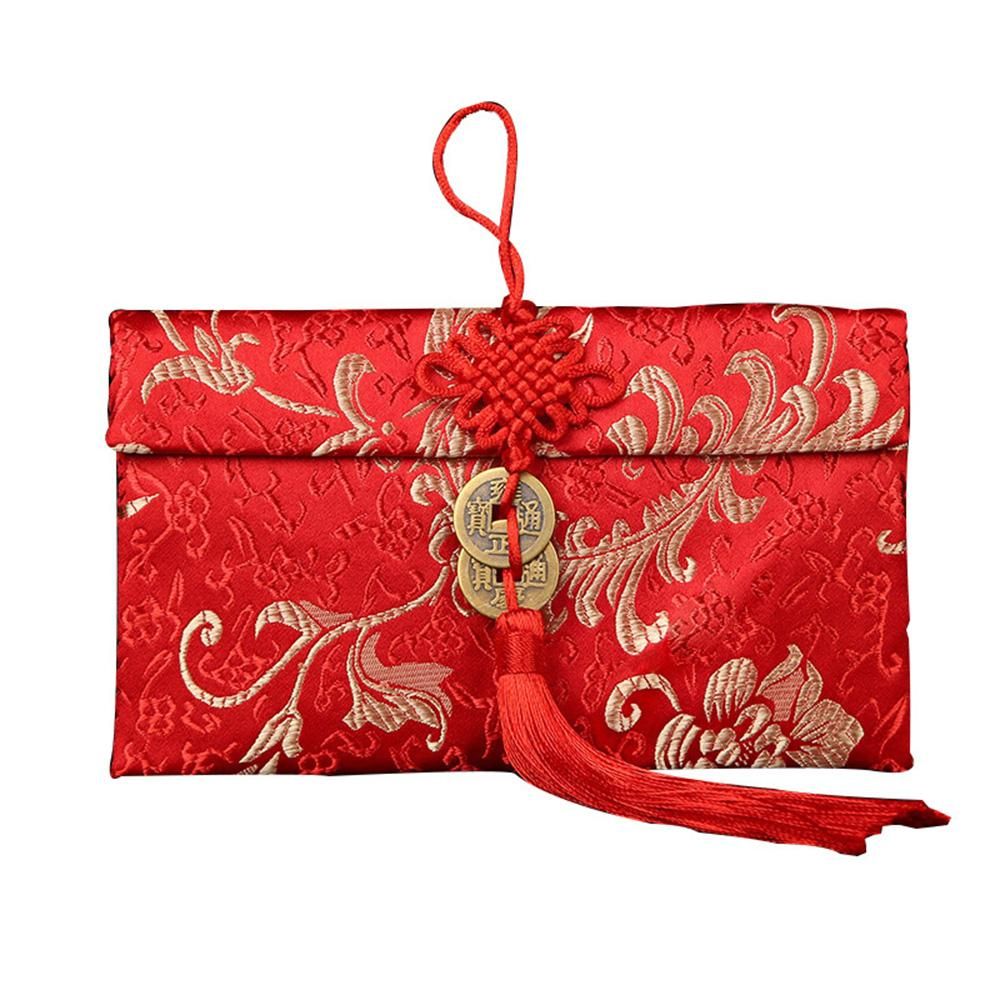 Chinese knot horizontal version double copper coins brocade satin fabric red envelopes tens of millions yuan wedding bags wedding gifts Double bronze coin horizontal pattern