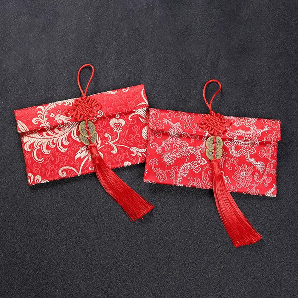 Chinese knot horizontal version double copper coins brocade satin fabric red envelopes tens of millions yuan wedding bags wedding gifts Double bronze coin horizontal pattern