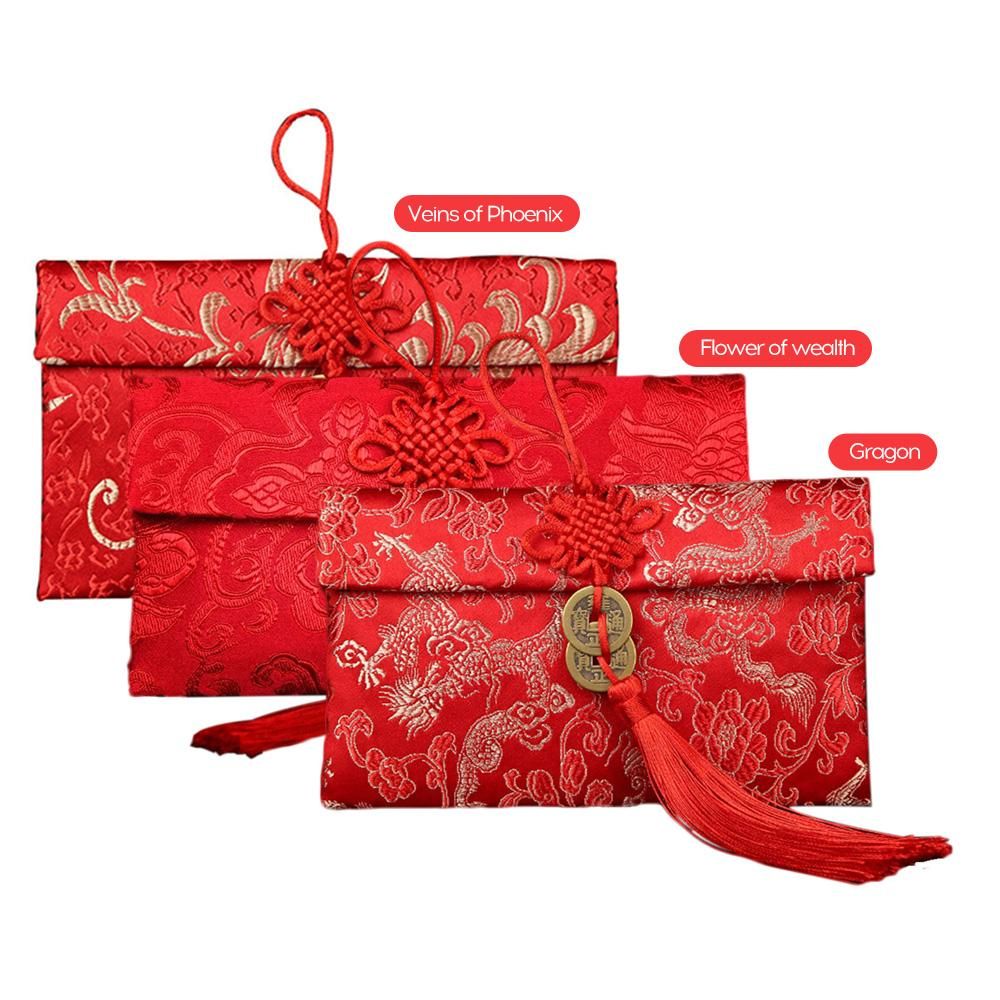 Chinese knot horizontal version double copper coins brocade satin fabric red envelopes tens of millions yuan wedding bags wedding gifts Double bronze coin horizontal pattern