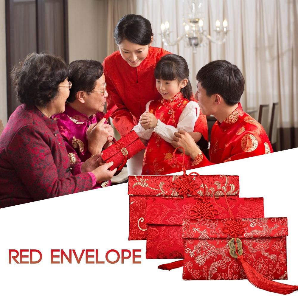 Chinese knot horizontal version double copper coins brocade satin fabric red envelopes tens of millions yuan wedding bags wedding gifts Double bronze coin horizontal pattern