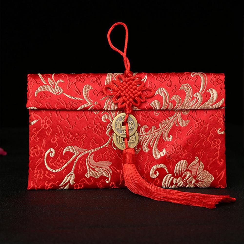 Chinese knot horizontal version double copper coins brocade satin fabric red envelopes tens of millions yuan wedding bags wedding gifts Double bronze coin horizontal pattern