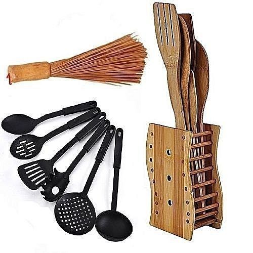 Non Stick Spoon Set, Wooden Spoons Set & Wooden Ewedu/Draw Meshing Broom