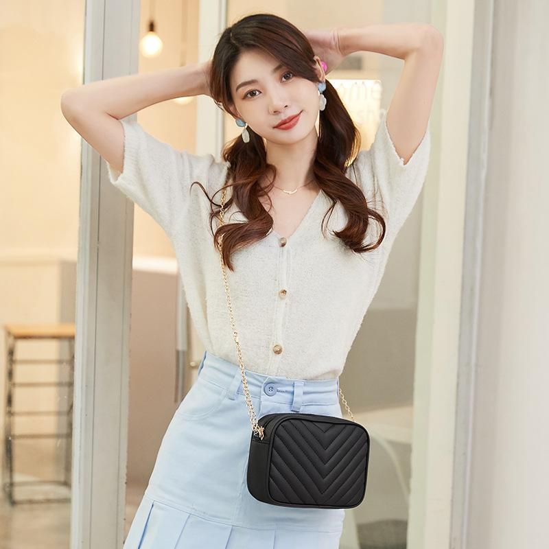 Women's  2023 New V-pattern Embroidery Chain Cross Body Small Square  Casual Mobile  Small