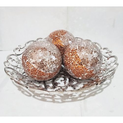 Center Table Decorative Silver Bowl And 3 Mosaic Balls