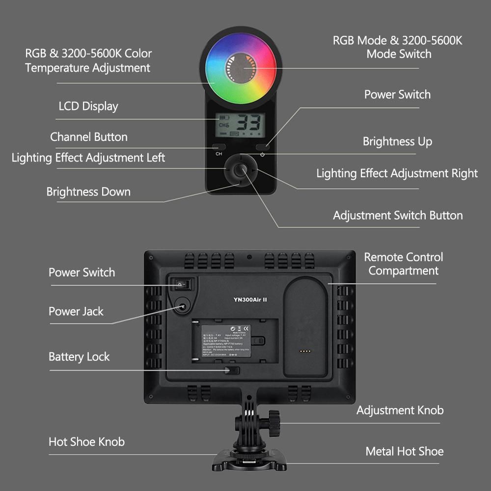YN300 Air II LED Video Light Panel RGB 3200K-5600K Photography Fill-in Lamp 10 Lighting Effects CRI 95+ with Remote Control for Studio Outdoor Wedding Portrait  Photography