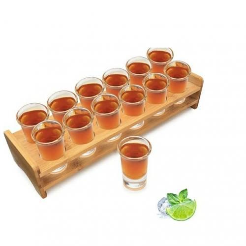 Tequila Shot Glasses & Wooden Holder - 12pcs