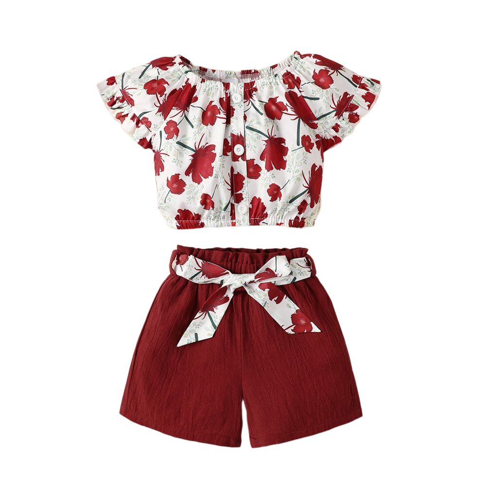 1-5 Years Kid Girl 2PCS Set Floral Button Short Sleeve Shirt+Bow Shorts