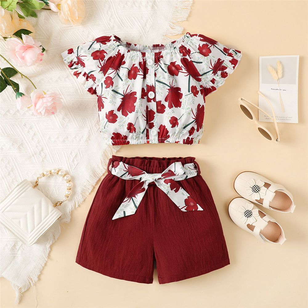 1-5 Years Kid Girl 2PCS Set Floral Button Short Sleeve Shirt+Bow Shorts