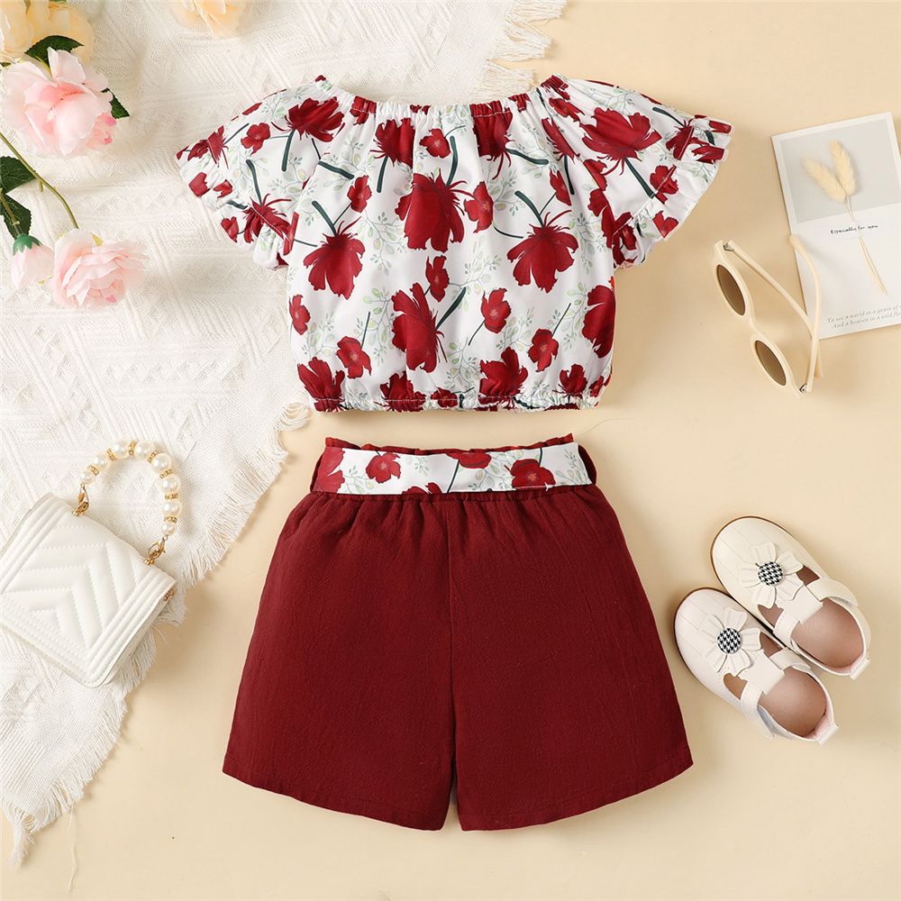 1-5 Years Kid Girl 2PCS Set Floral Button Short Sleeve Shirt+Bow Shorts