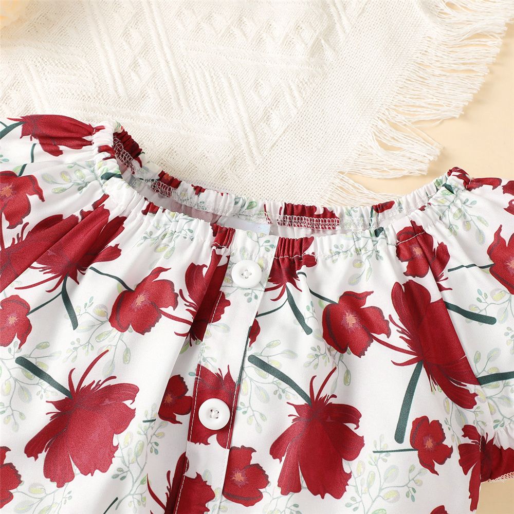 1-5 Years Kid Girl 2PCS Set Floral Button Short Sleeve Shirt+Bow Shorts