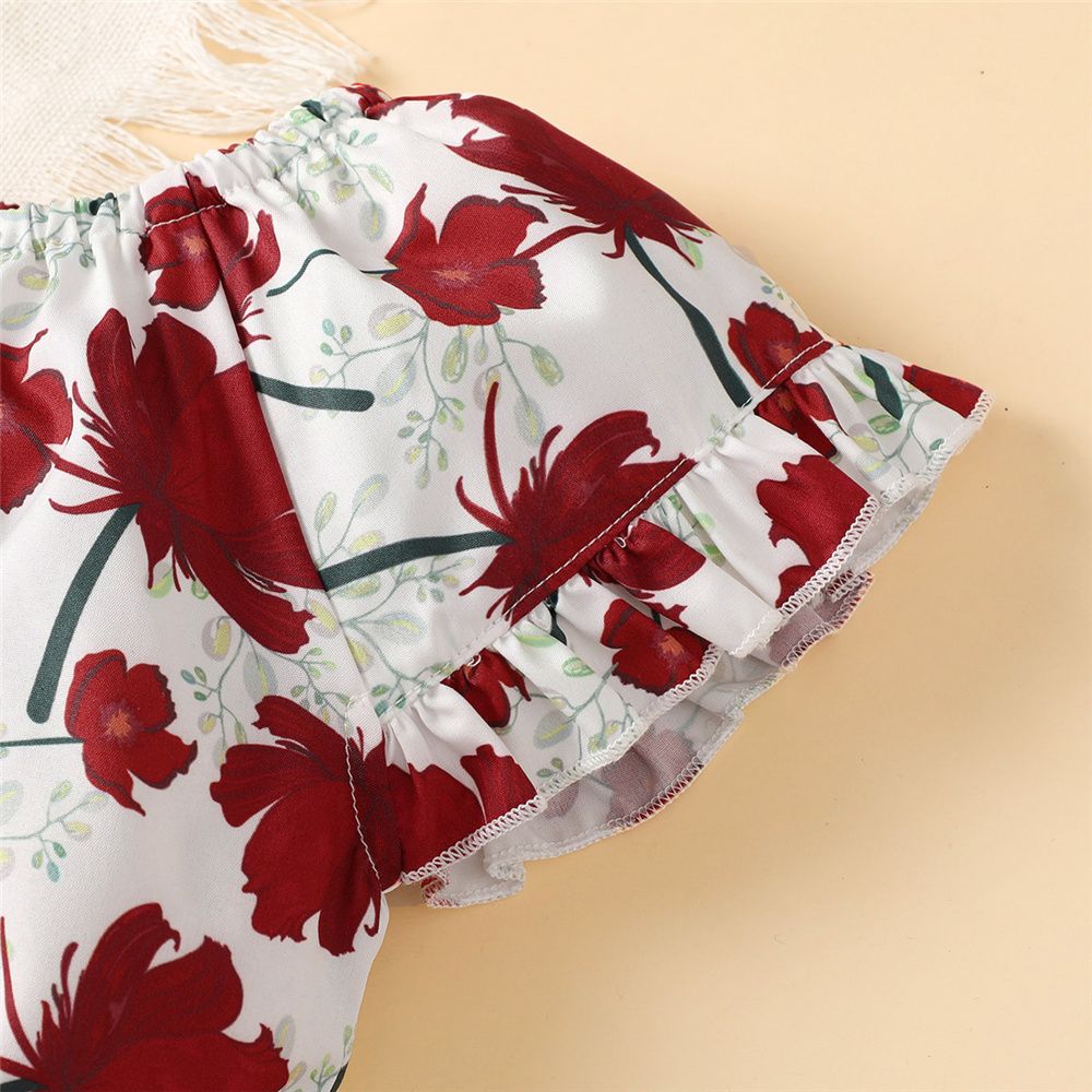 1-5 Years Kid Girl 2PCS Set Floral Button Short Sleeve Shirt+Bow Shorts