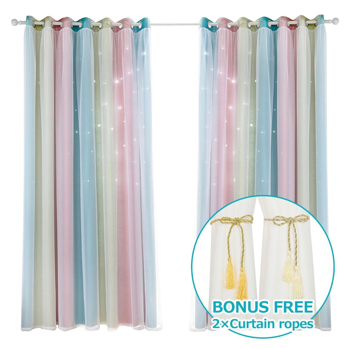 2pc Curtain Simple Gradient Hollow-out Star Pattern Double Layer Blackout Bedroom Living Room Insulation Curtain