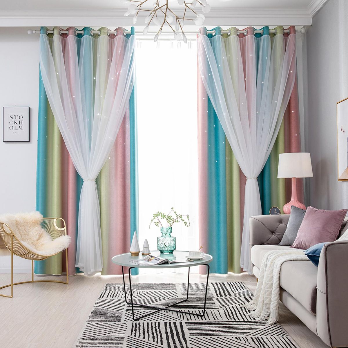 2pc Curtain Simple Gradient Hollow-out Star Pattern Double Layer Blackout Bedroom Living Room Insulation Curtain