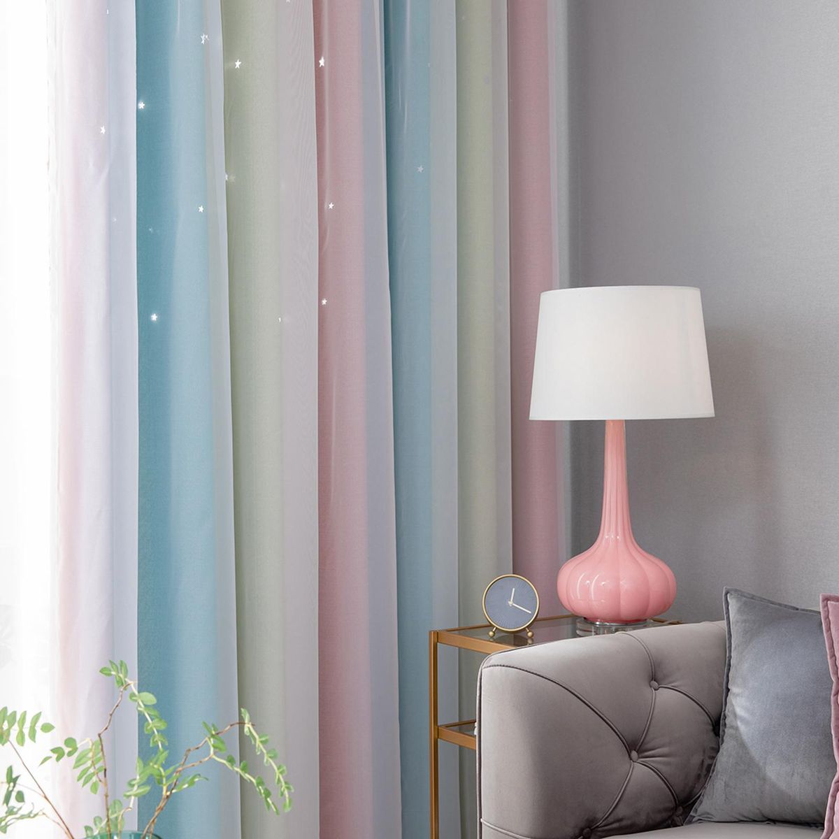 2pc Curtain Simple Gradient Hollow-out Star Pattern Double Layer Blackout Bedroom Living Room Insulation Curtain