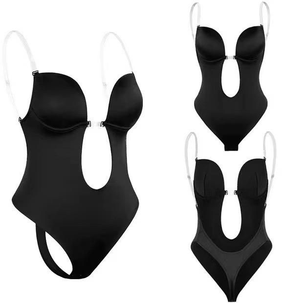 European and American large size one-piece bodysuit backless tights chest support shaping gather invisible shoulder strap body shaper apricot L