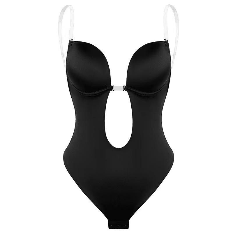 European and American large size one-piece bodysuit backless tights chest support shaping gather invisible shoulder strap body shaper apricot L