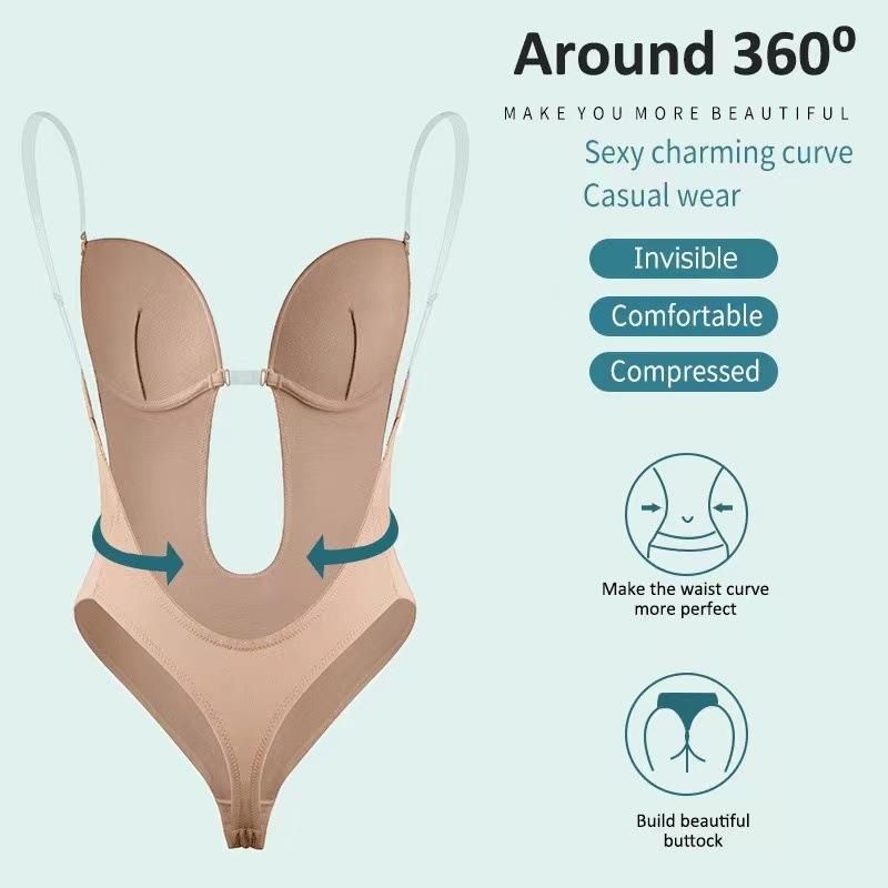 European and American large size one-piece bodysuit backless tights chest support shaping gather invisible shoulder strap body shaper apricot L
